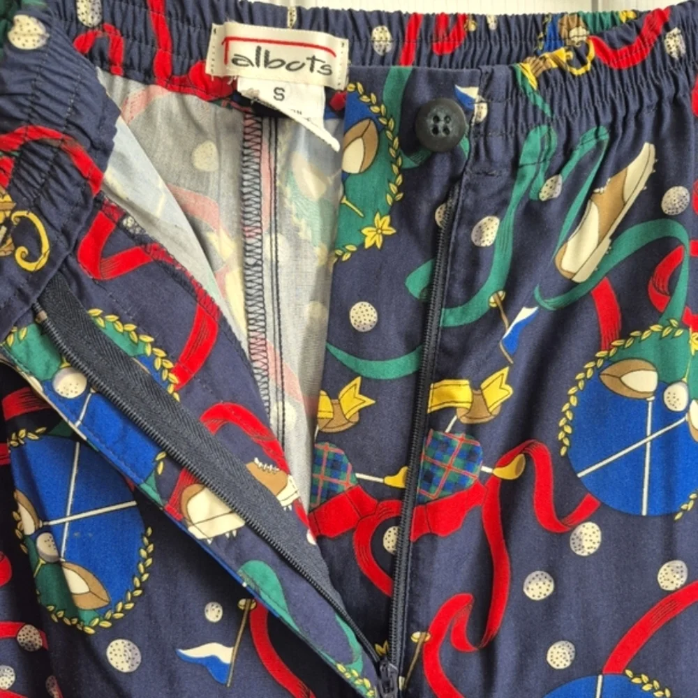 Vintage Talbots Fun Golf‎ Print Pants Navy Blue Cropped Rayon Women's Small